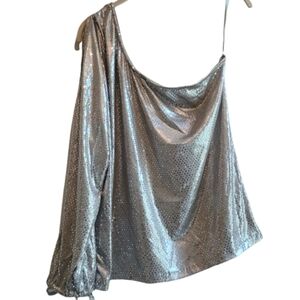 Handmade Silver Sequin One Shoulder Top Metallic Stretch Disco Dancewear